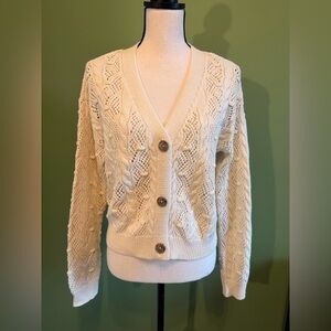 Textured Cream V-Neck Button Front Cardigan Sweater